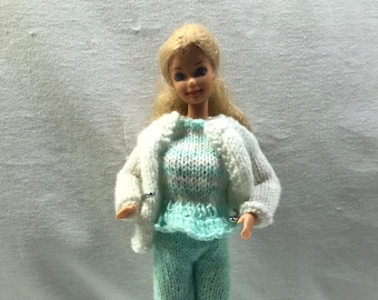 Barbie doll, 1966 vintage Barbie with blue teal knit outfit and stand, collectible classic Barbie doll