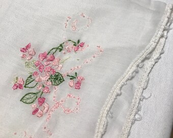 Embroidered pillow cover, vintage pillowcase with pink floral design, light material