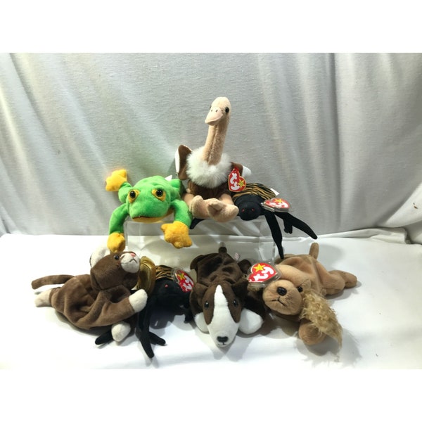 Ty Beanie Baby lot, large lot of 7 plush toys, ostrich, spider, dog, cat, frog, 1990s beanie babies