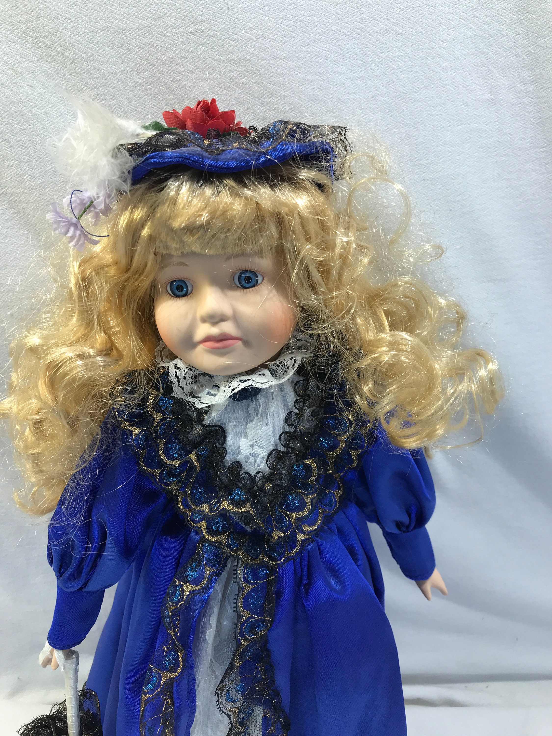 Vintage Porcelain Doll, Navy Blue Dress With Umbrella, 16