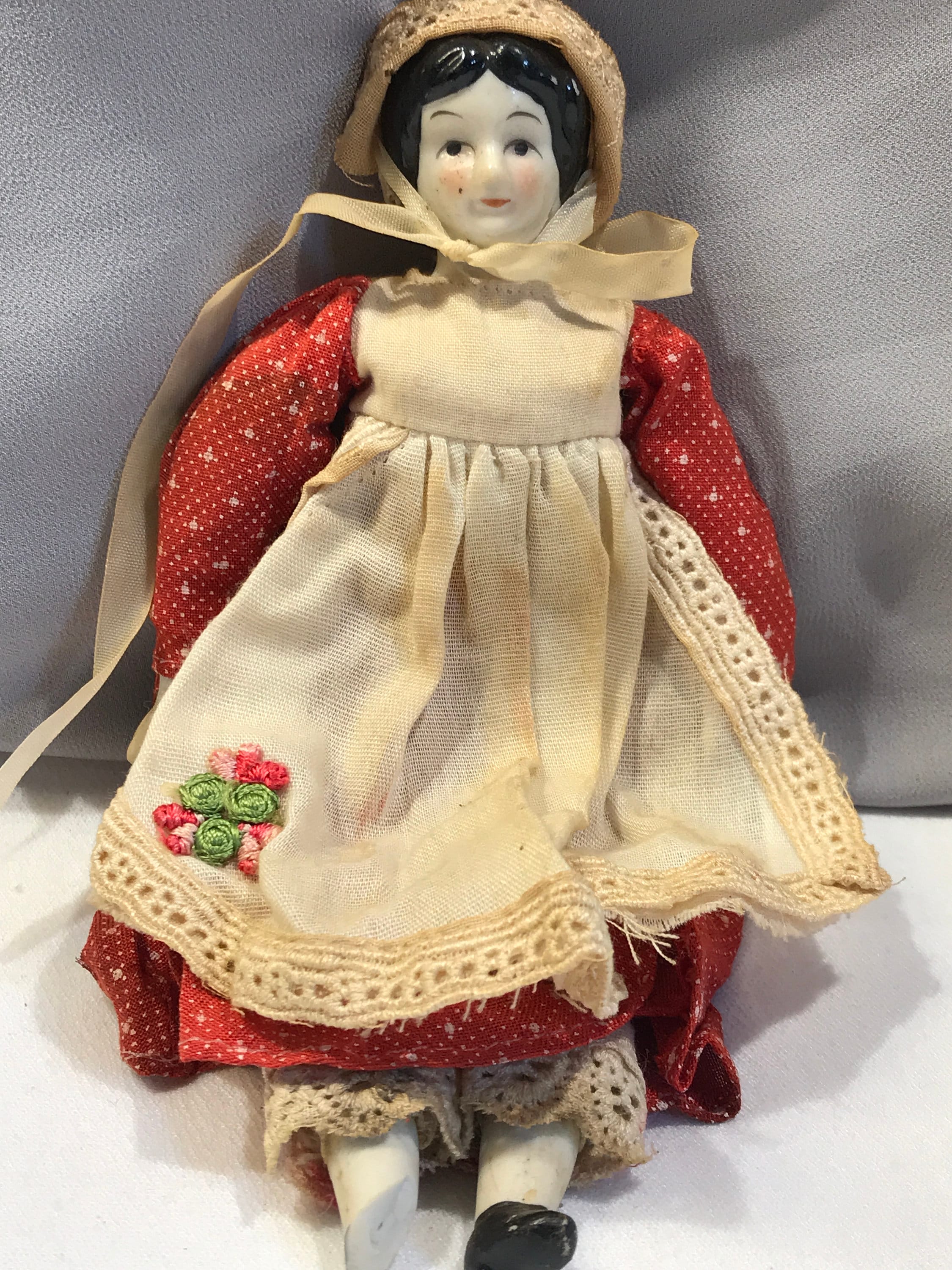 Antique Porcelain Doll: Red Dress, Painted Black Hair, 8-inch
