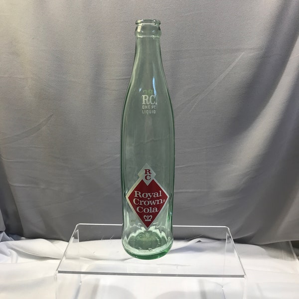 Royal Crown RC soda bottle, vintage clear light green glass, one pint bottle, 1960s soda bottle