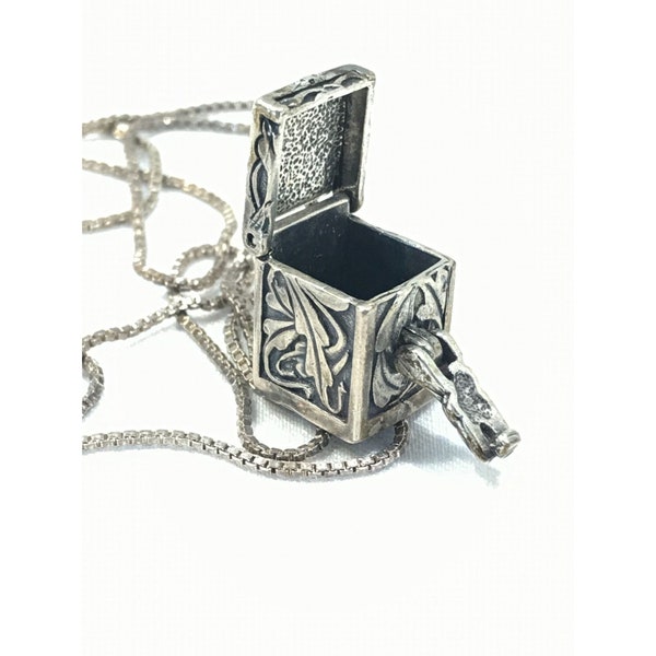 Sterling silver prayer box charm and 925 silver chain necklace, Sunwest Silver Co small opening box charm, stamped sterling