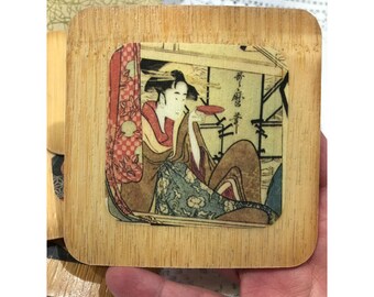 ヴィンテージ竹コースターセット：芸者デザイン、13枚入りボックス入り