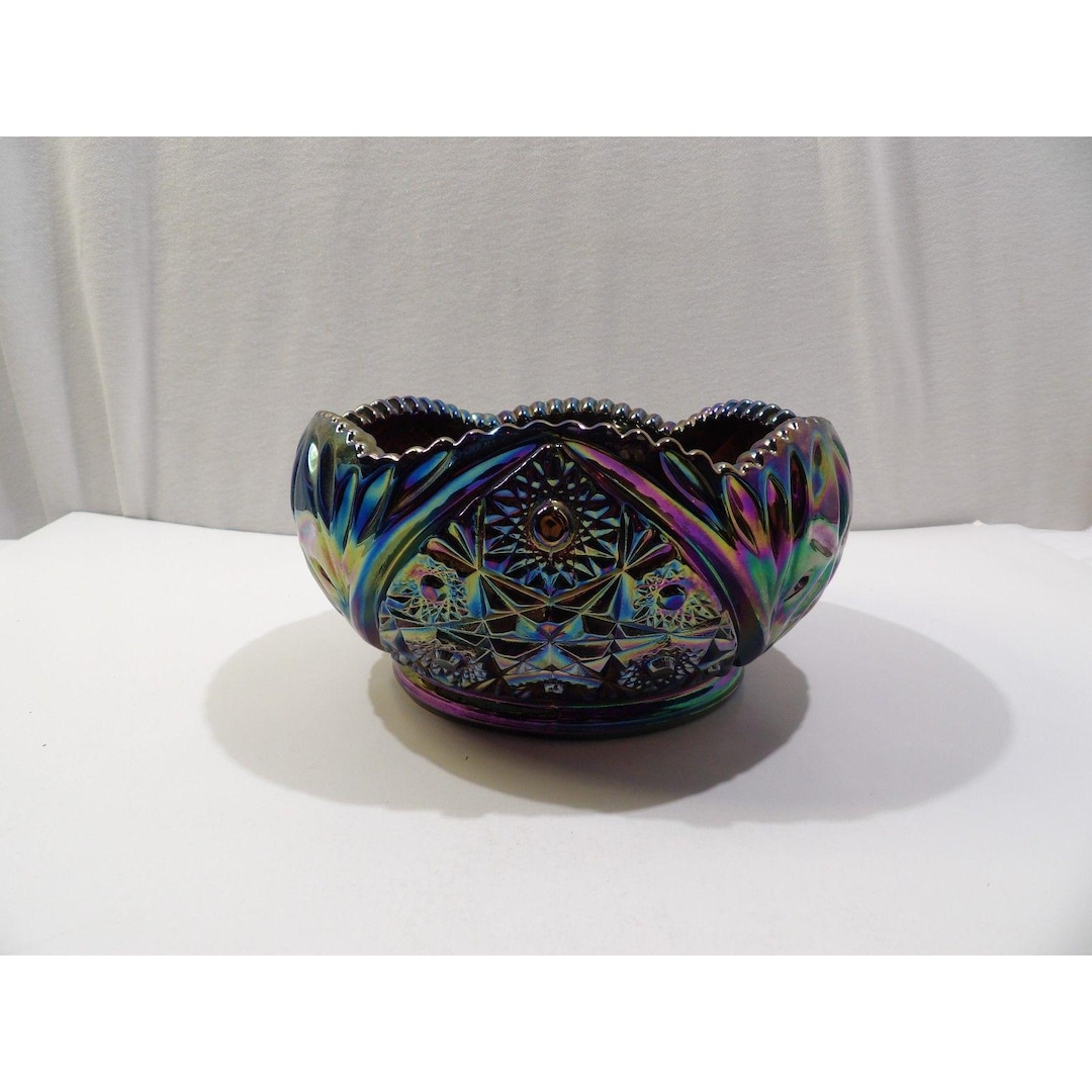 ヴィンテージ LE Smith Hobstar カーニバル ガラスボウル：虹色の装飾