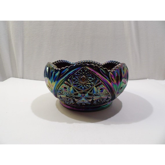 ヴィンテージ LE Smith Hobstar カーニバル ガラスボウル：虹色の装飾