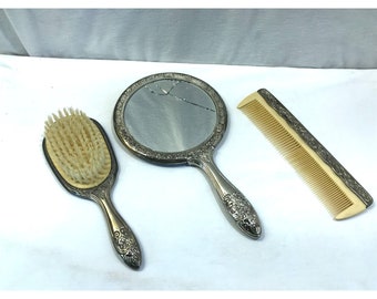 Vintage verzilverde make-upset, spiegelkamborstel, 3-delige sierlijke zilveren set