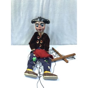 Matador marionette, vintage paper mache head hands feet, 16" red cape bull fighter
