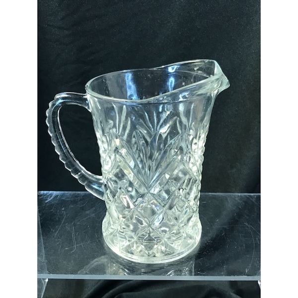 Cut glass small pitcher or creamer, 5" tall, clear glass cut design, milk or water pitcher