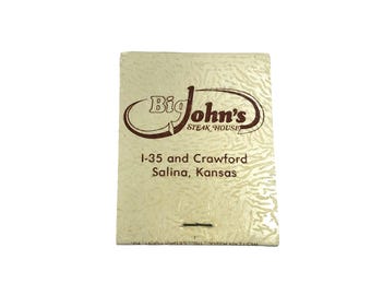 Caja de cerillas antigua, Big Johns Steak House, cubierta de caja de cerillas blanca y marrón texturizada, publicidad