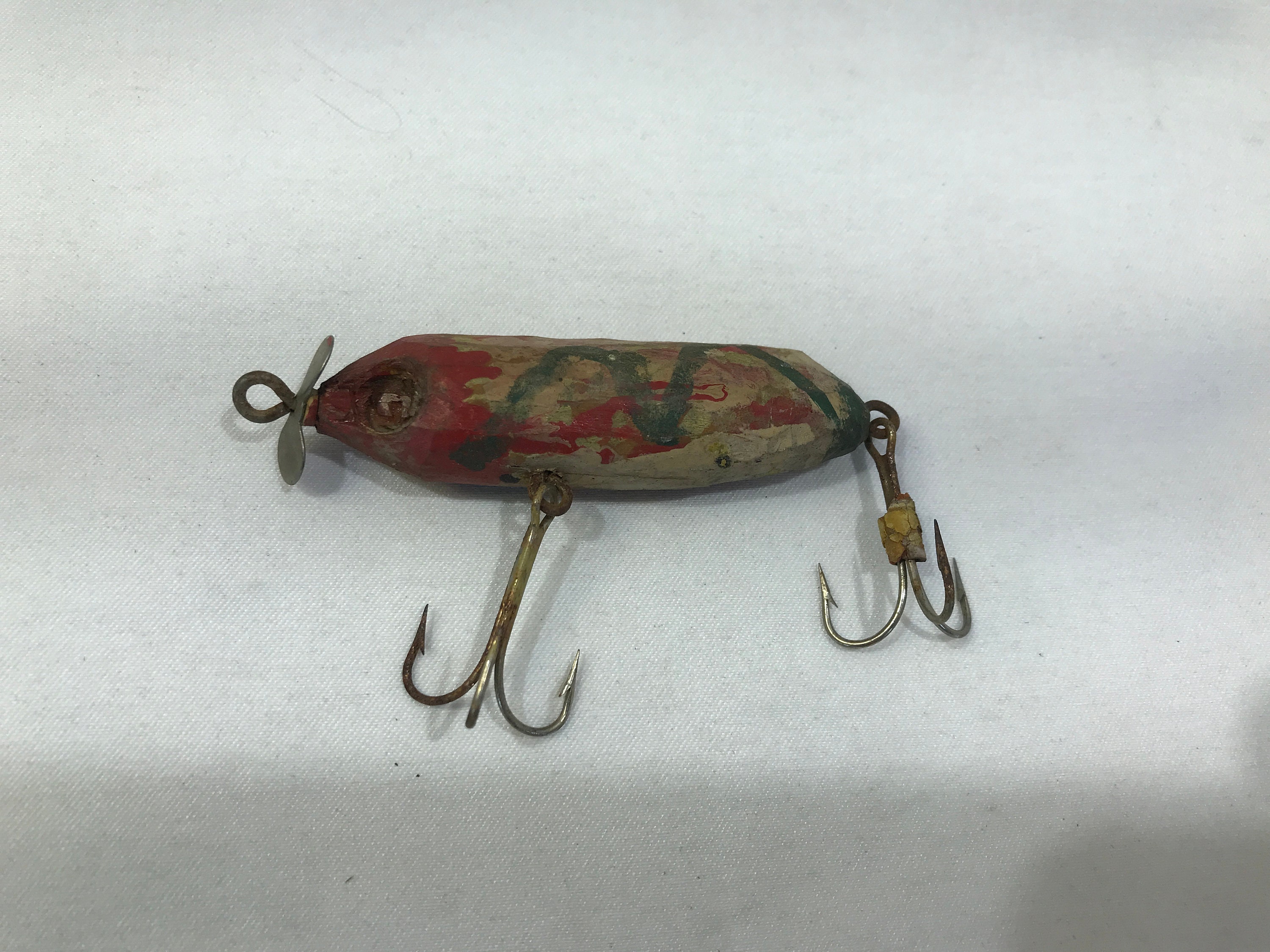 Vintage 1950's Wooden Hand Painted Fishing Lure Red and White Yellow Eyes  Carved Solid Wood Two Treble Hook 