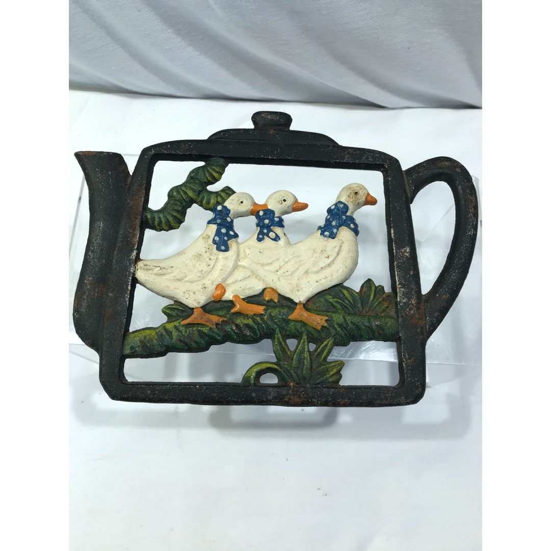 Vintage Cast Iron Duck Teapot Trivet Antique Metal Pot Holder Etsy