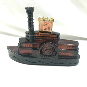 Vintage Avon bottle, Wild Country aftershave, steamboat shaped collectible bottle, 1970s era, brown glass