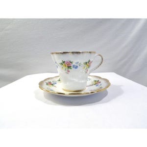 Stratford Fine Bone China teacup and saucer set, colorful floral design gold rim