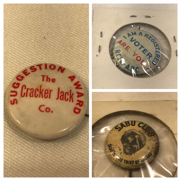 Cracker Jack vintage pinback button, Bagdad Sabu movie fan club, registered voter, you choose