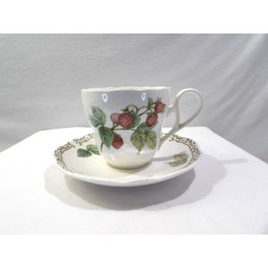 May include: White teacup and saucer set with a raspberry design. The cup and saucer have a scalloped edge. The cup features a handle and a detailed illustration of red raspberries and green leaves. The saucer has a matching border design.