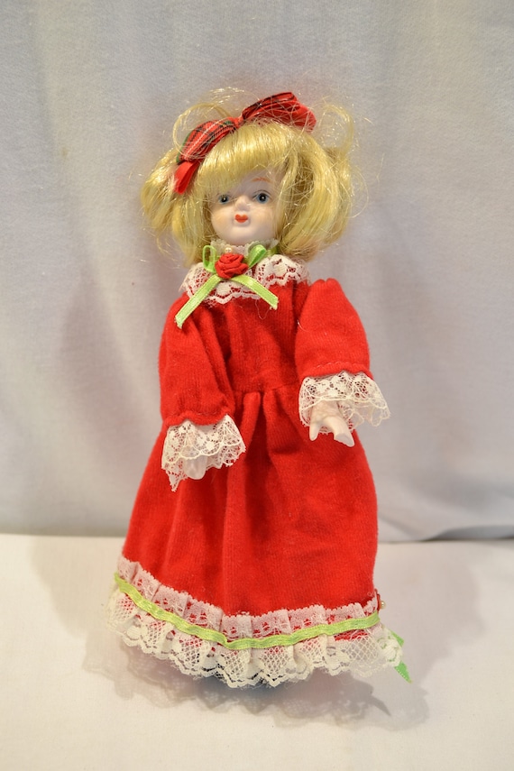 Porcelain Doll Vintage Baby Doll Red Dress Blonde Hair 8 Tall Plaid Bow Etsy Canada