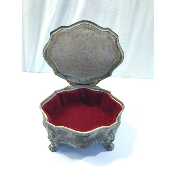 Boîte à Bijoux Vintage En Métal Argenté - Intérieur Velours Rouge - Occasion