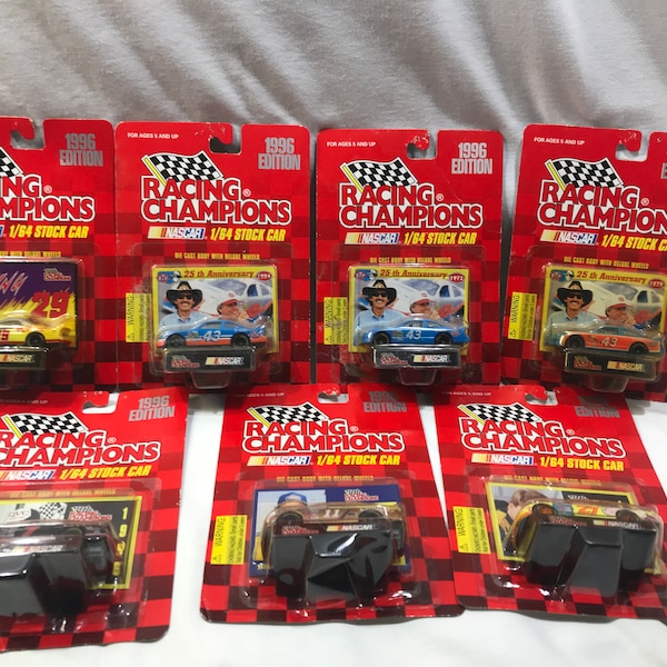 Vintage diecast car lot, 1996 Racing Champions edition, stock car 1/64 scale, 7 piece set