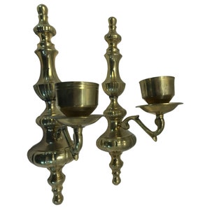 Brass candle wall sconce set, two hanging brass taper candle holders, brass wall decor, candlelit entryway