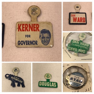 Campaign button, vintage pinback button, political campaign memorabilia souvenir, choose from Kerner, Ward, Ryan, Douglas, Republican