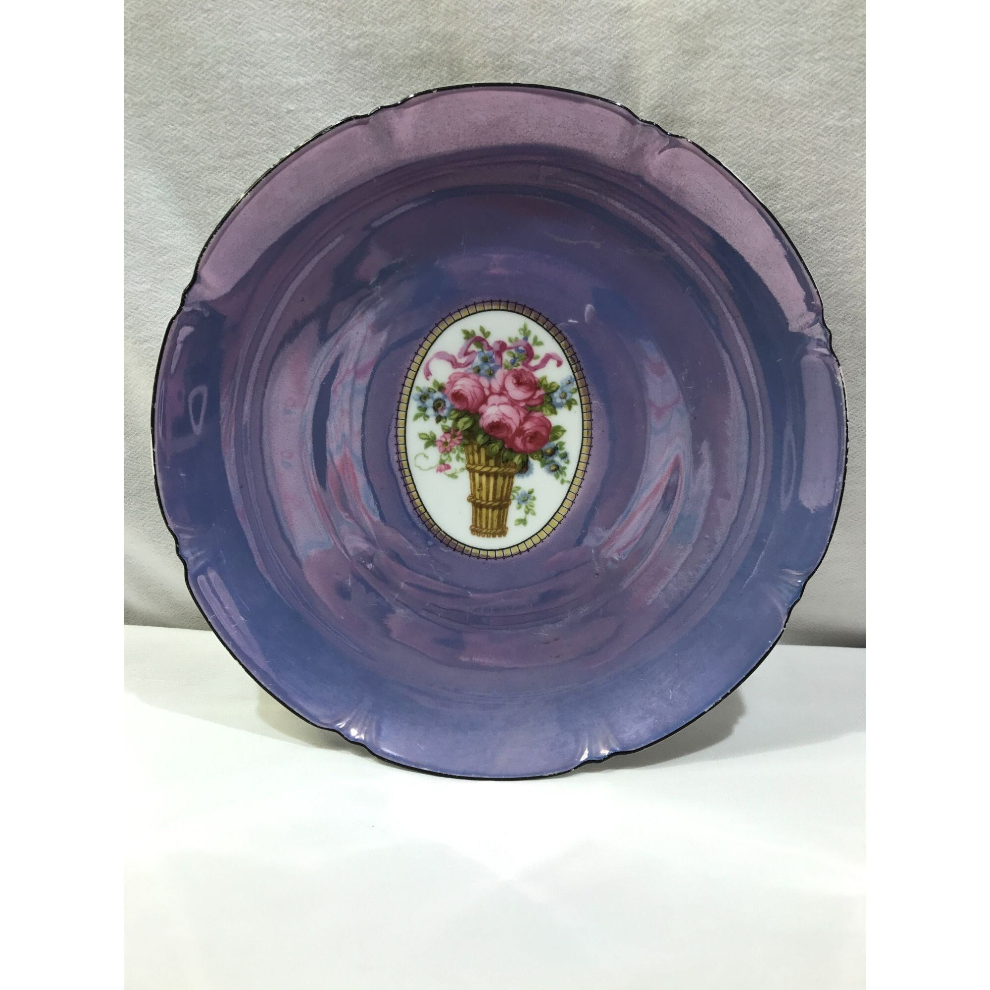 ロイヒテンブルク磁器皿、ドイツ、紫とバラ、8インチのビンテージ装飾