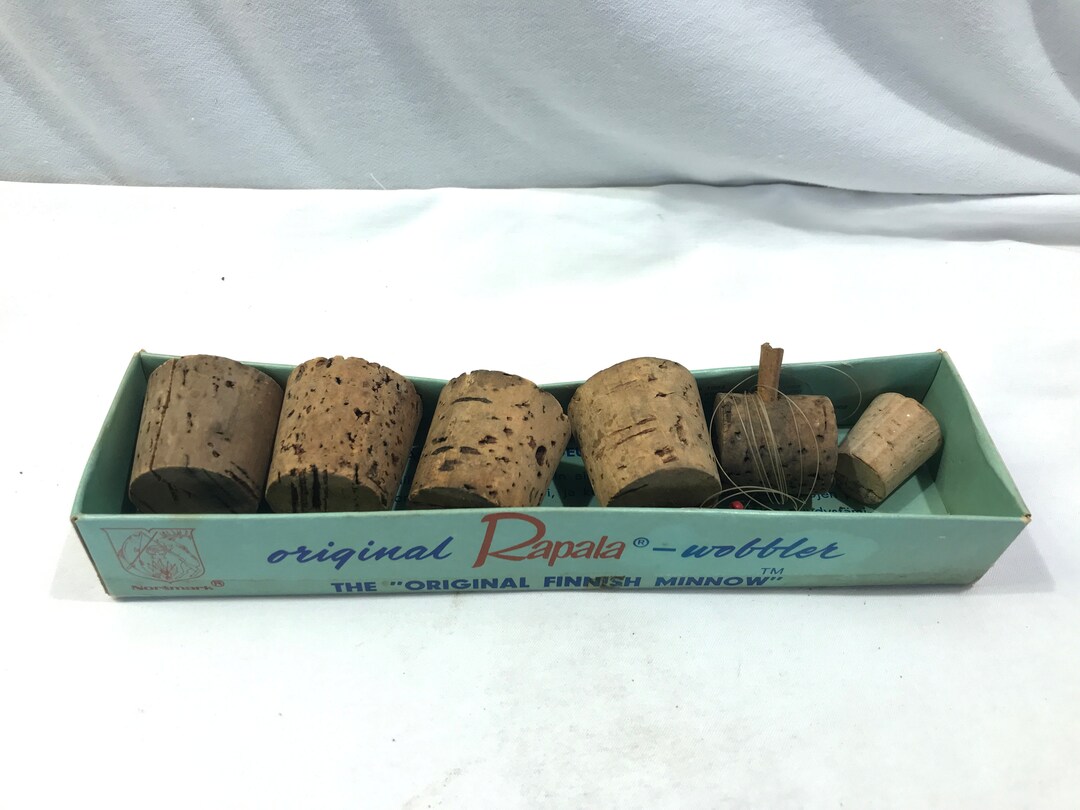 Vintage Fishing Cork Set, Bobber Set, in Vintage Rapala Wobbler Box