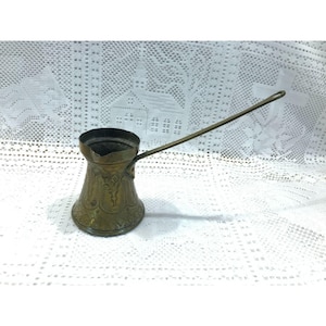 Brass or copper Turkish coffee pot, pouring pitcher, ornate melting pot