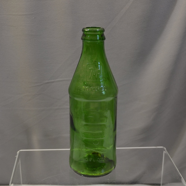 Vintage 7-up bottle, clear green glass embossed soda bottle