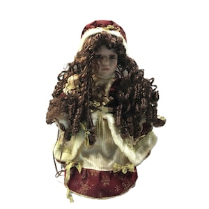 Holly Collection porcelain doll, brown hair brown eyes, red white gold dress 16&quot;