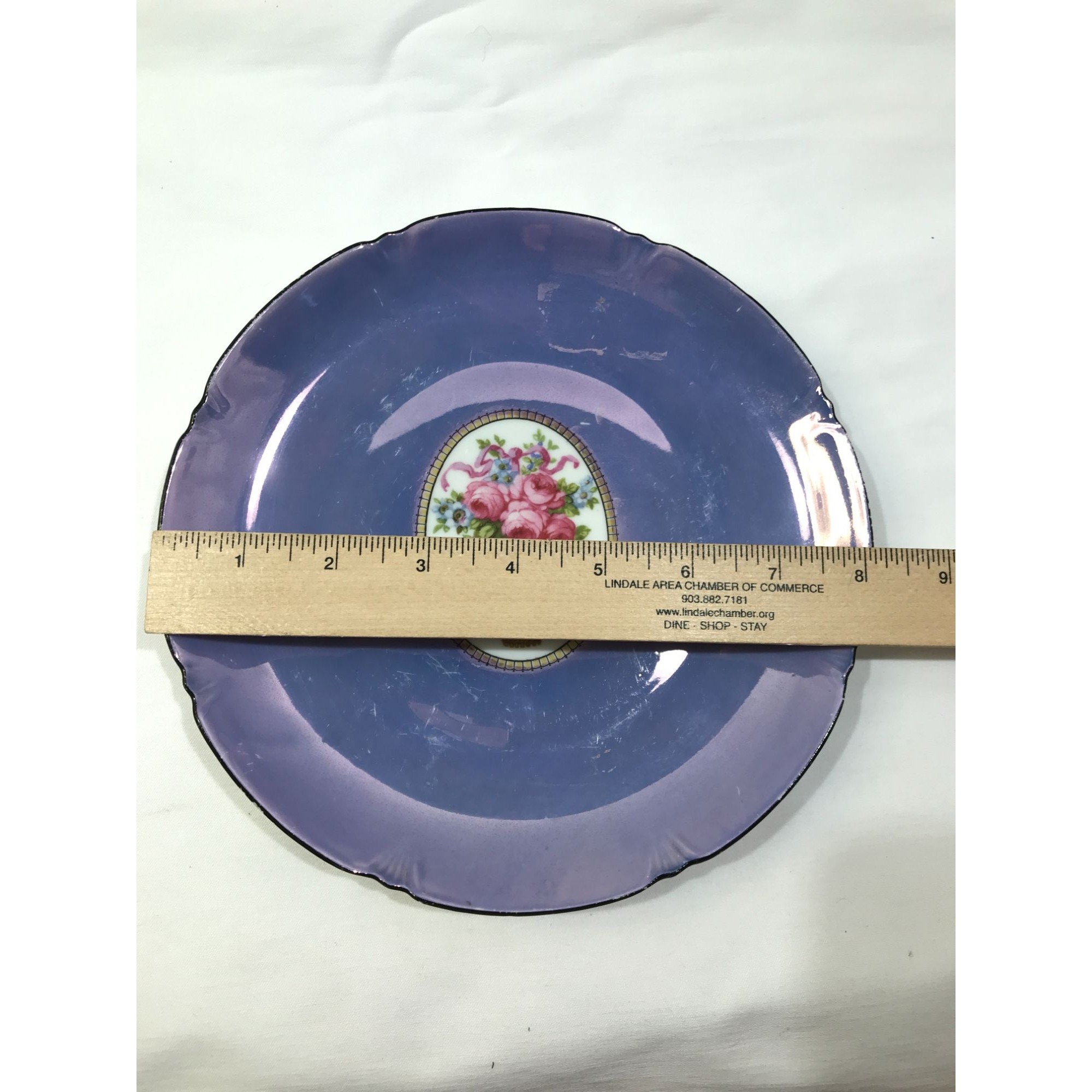 ロイヒテンブルク磁器皿、ドイツ、紫とバラ、8インチのビンテージ装飾