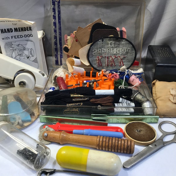 Vintage sewing kit lot, hand mender, mixed lot of many different sewing and mending items, for darning needlecraft