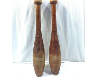 Vintage Spalding juggling pins, set of 2 one pound wooden pins, 16" length