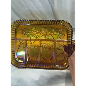 Divided fruit tray, Indiana Glass yellow iridescent glass, 5 compartment serving platter