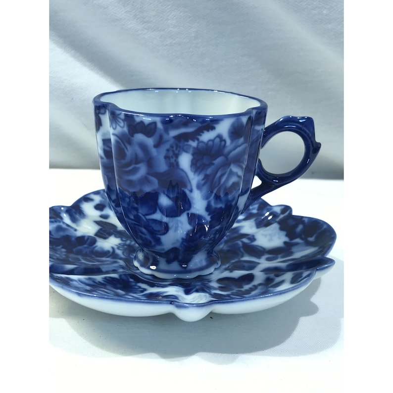 Blue and White Cup and Saucer Set Vibrant Blue Floral Design Etsy