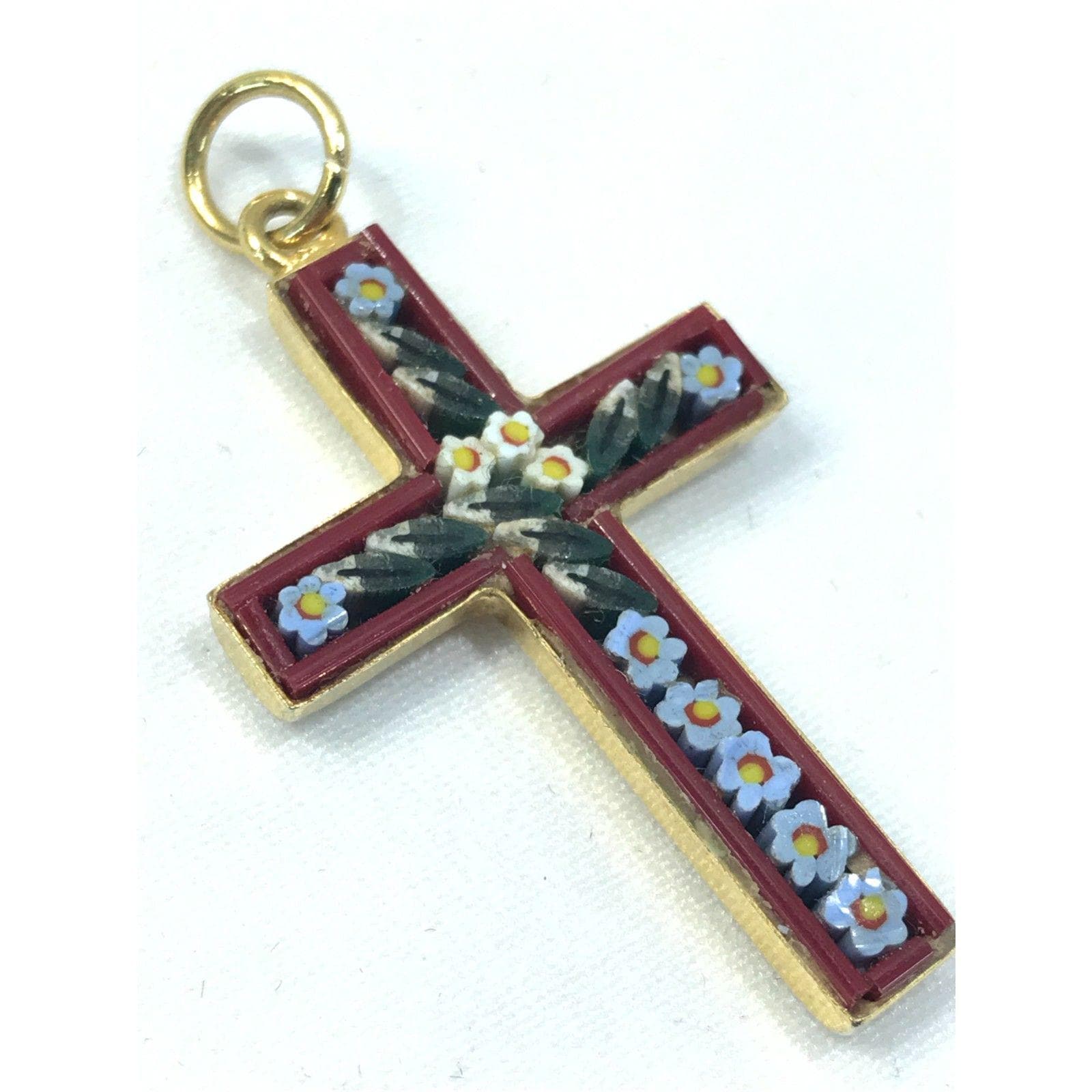 ヴィンテージ イタリア製マイクロモザイク クロス ペンダント、花の