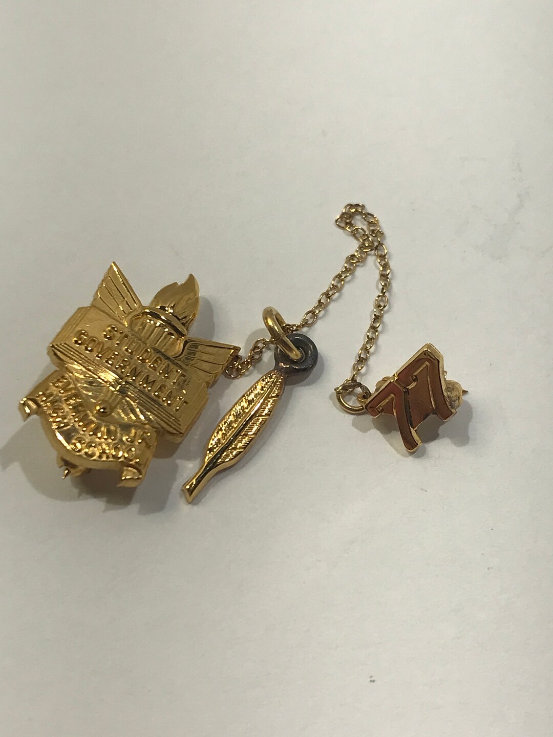 1977 School Pin, Gold Pin Chain and Feather, Student Government