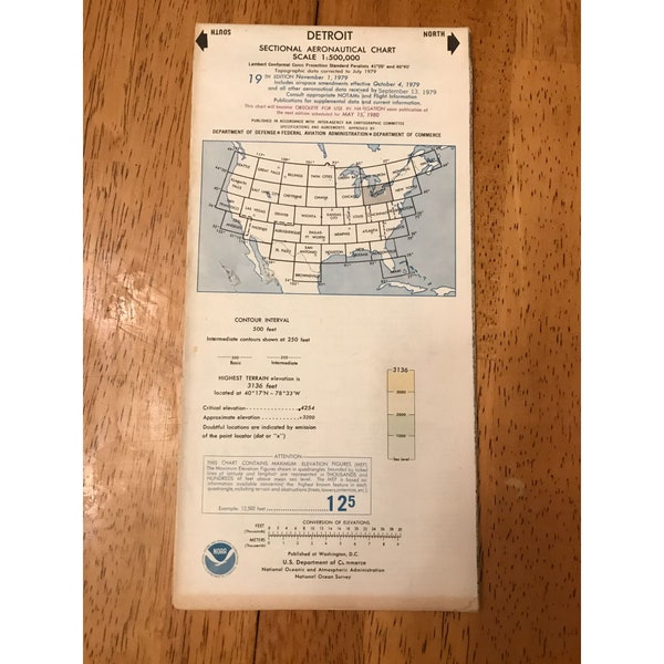 Vintage aeronautical sectional chart, 1979 Detroit pilot chart map, 59" X 20.5"