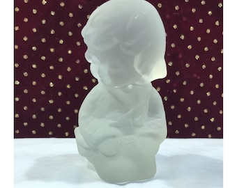 Vintage frosted glass girl figurine, paperweight kneeling girl with bag, clear satin frosted glass, 4 in tall