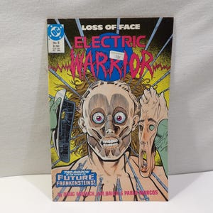 May include: Comic book cover for "Electric Warrior" No. 8, featuring a stylized illustration of a figure with exposed facial muscles and a detached face. The cover has a yellow background with the title "LOSS OF FACE" and "ELECTRIC WARRIOR".