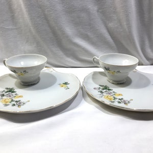 Yellow rose porcelain snack set, vintage china snack plate and cup
