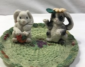 Miniature tea set, Easter bunny rabbit theme, small resin tea set, 5 pieces