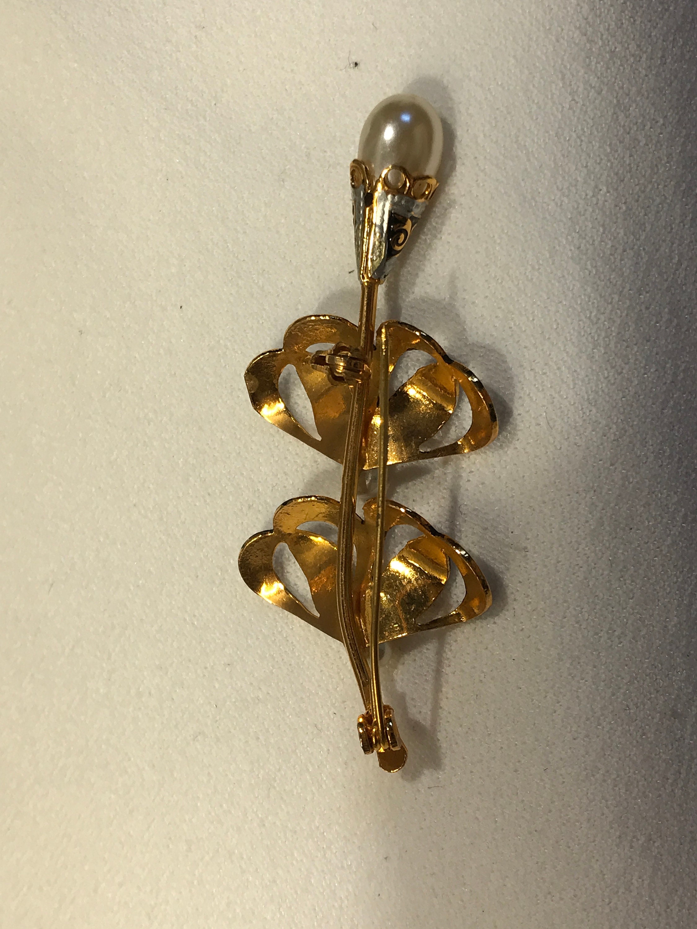 Gold silver pearl ribbon pin brooch gold tone double ribbon | Etsy