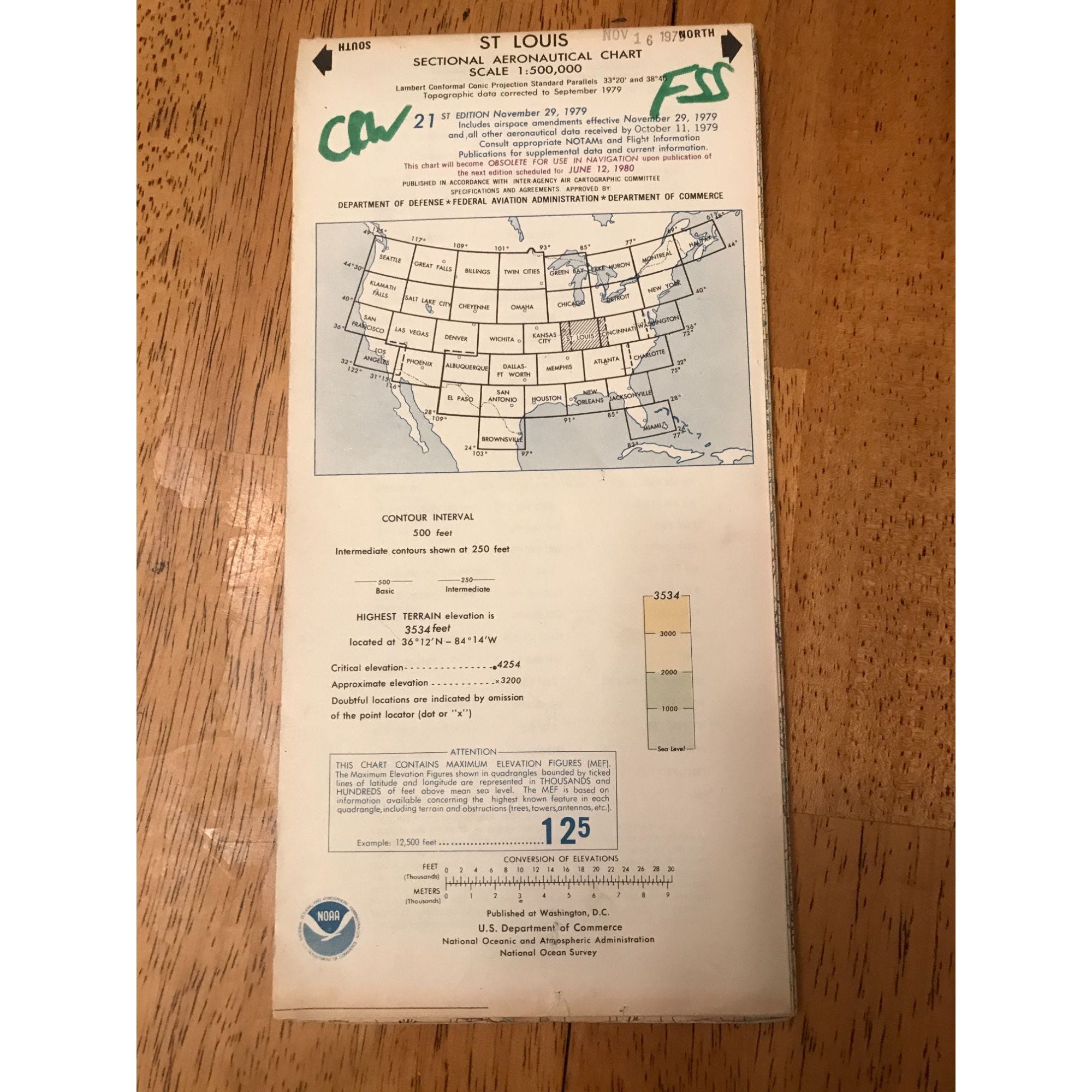 Vintage aeronautical sectional chart, 1979 St Louis pilot chart map, 59" X 20.5"