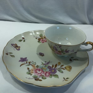 Lefton China snack set, butterfly floral hand painted design vintage china snack plate and cup