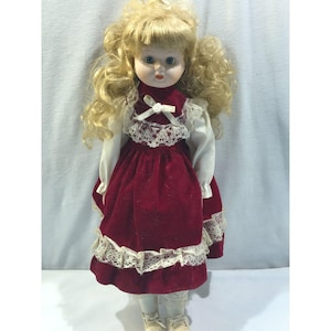 Vintage porcelain doll, red velvet dress, blonde hair blue eyes, 16&quot; tall