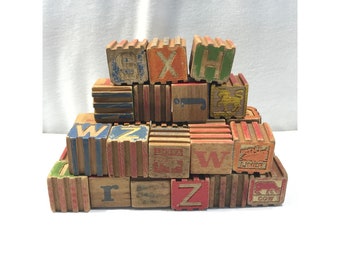 Vintage toy block lot, 29 pieces, wooden toy alphabet and picture blocks, stacking building