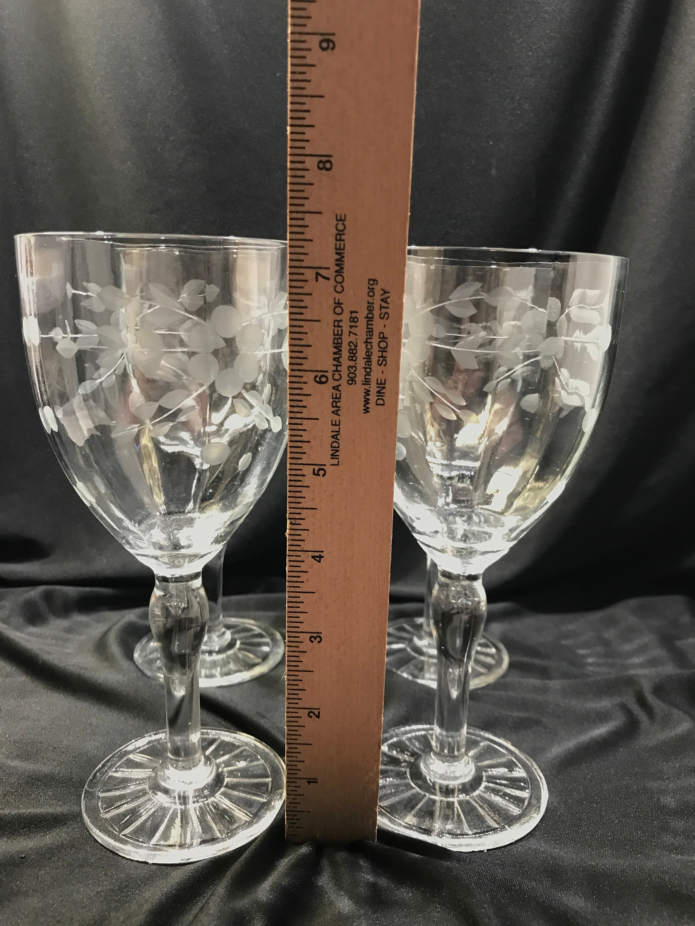 Wine Glass Set, Etched Cut Stemware Lot, Set of 4 Glasses, Etched