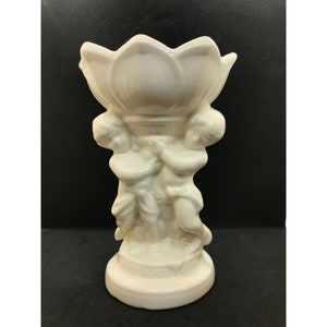 Cherub angel compote, soap or trinket dish, pedestal bottom, white ceramic, 9&quot; tall