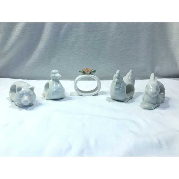 White ceramic porcelain napkin ring set, barn animals, Easter farmhouse design, set of 5